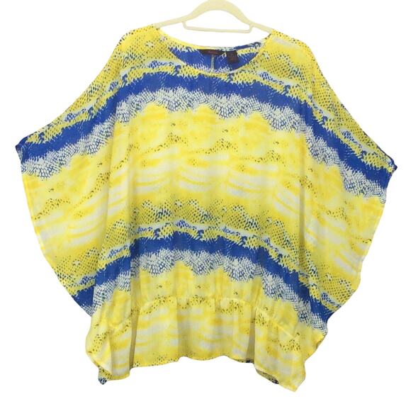 Fucsia Poncho Top/Blouse Women's Size 3X Blue/Yellow Boho Flowy Sheer Colorful - Picture 1 of 7